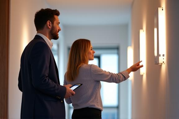 A project manager reviewing the final lighting installation with a client.